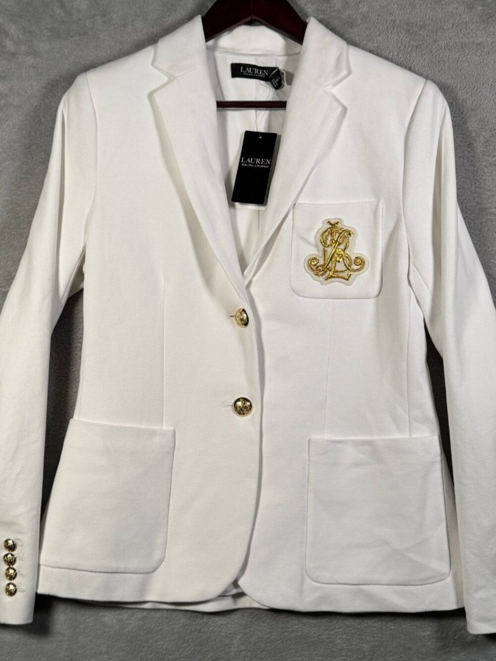 Lauren Ralph Lauren Blazer Womens M White Knit Crest Gold Button Jacket $265